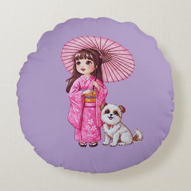 Bloesem Metgezellen: Kimono Meisje & Puppy Ronde P Rond Kussen (Voorkant)