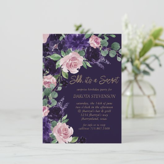 bloesem | Paarse en roze Rose Surprise Party Kaart (Staand voorkant)