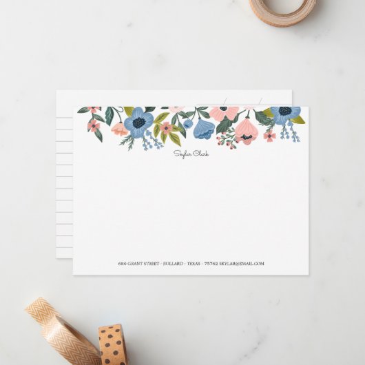 bloesem roze en blauw Floral Lijst & noten Notitiekaartje (Voorkant / Achterkant in situ)