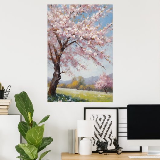 Bloesem Serenity: Boom in Grass Field olieverfschi Poster (Thuiskantoor)