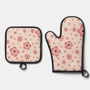 Bloesem Warm Zalm Roze Zilver Gewatteerd Ovenwant & Pannenlap Set