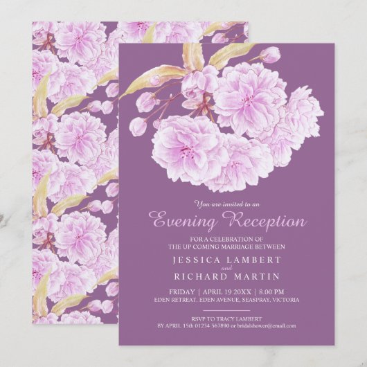 Bloesemlente donker paarse avondreceptie kaart (Voorkant / Achterkant)
