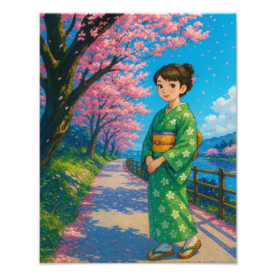 Bloesempad in de lente - Japanse kimono-meisjeskun Foto Afdruk