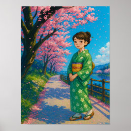 Bloesempad in de lente - Japanse kimono-meisjeskun Poster