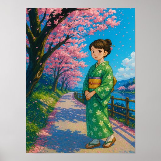 Bloesempad in de lente - Japanse kimono-meisjeskun Poster (Voorkant)