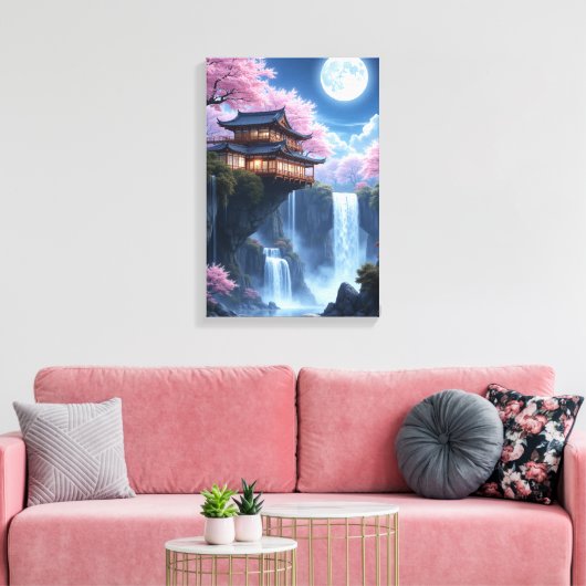 Bloesems en maanlicht water canvas afdruk (Insitu (Woonkamer))
