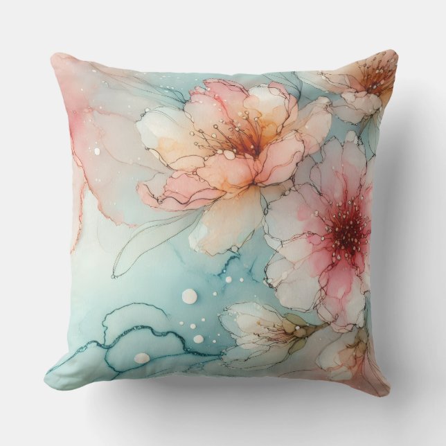 Bloesems in Bloom: een Abstract alcoholinktontwerp Buitenkussen (Voorkant)