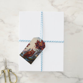 Bloesems in dieprood & Mystieke Uil. Cadeaulabel