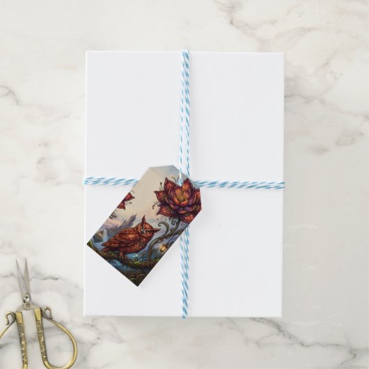 Bloesems in dieprood & Mystieke Uil. Cadeaulabel (Met Touw)