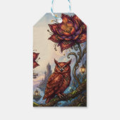 Bloesems in dieprood & Mystieke Uil. Cadeaulabel (Achterkant)