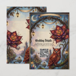 Bloesems in dieprood & Mystieke Uil. Informatiekaartje