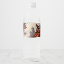 Bloesems in dieprood & Mystieke Uil. Waterfles Etiket