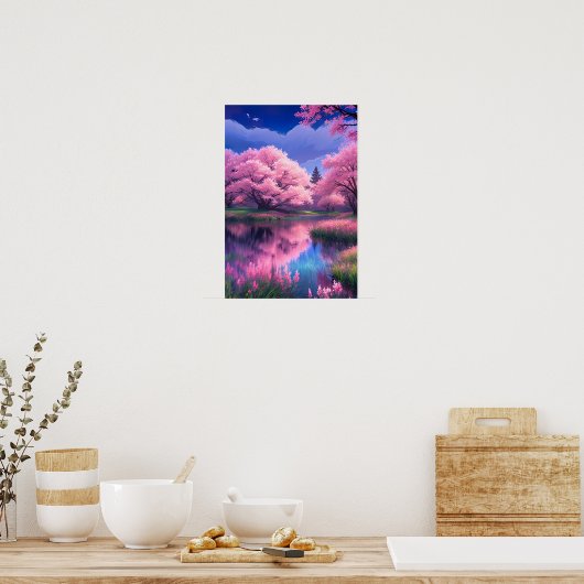 Bloesems op Blauw, Sakura Bomen aan de rivier Poster (Keuken)