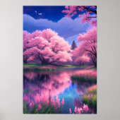 Bloesems op Blauw, Sakura Bomen aan de rivier Poster (Voorkant)