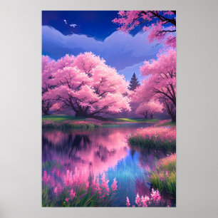 Bloesems op Blauw, Sakura Bomen aan de rivier Poster