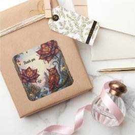 Bloesems scharlaken & mystieke uil. vierkante sticker
