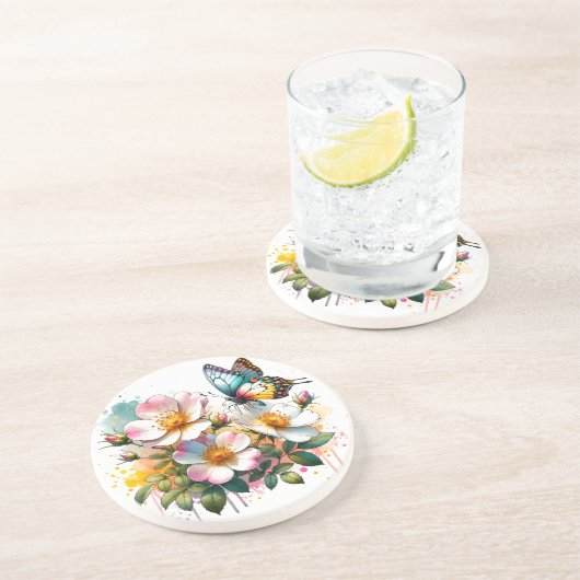 Bloesems & Vlinders Zandsteen Onderzetter (Zijkant)