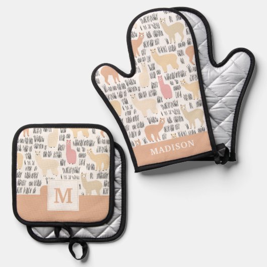 Blok Alpacas Pattern Ovenwant & Pannenlap Set (Voorkant / Achterkant)