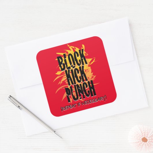Blok Kick Punch Fire GFX Rood Vierkante Sticker (Envelop)
