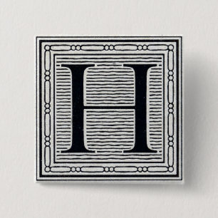 Blok Letter "H" Woodcut Woodblock Inital Vierkante Button 5,1 Cm