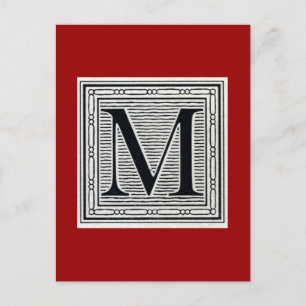 Blok Letter "M" Woodcut Woodblock Inital Briefkaart
