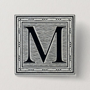 Blok Letter "M" Woodcut Woodblock Inital Vierkante Button 5,1 Cm