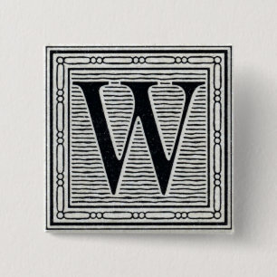 Blok Letter "W" Woodcut Woodblock Inital Vierkante Button 5,1 Cm