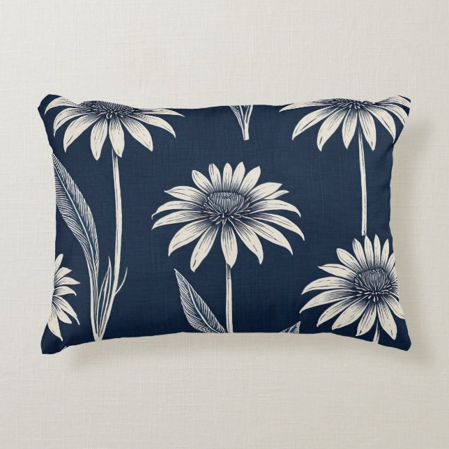 Blok print blauw en wit Coneflower Accent Kussen (Voorkant)