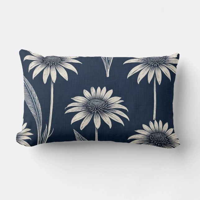 Blok print blauw en wit Coneflower Kussen (Voorkant)
