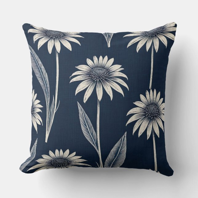 Blok print blauw en wit Coneflower Kussen (Voorkant)