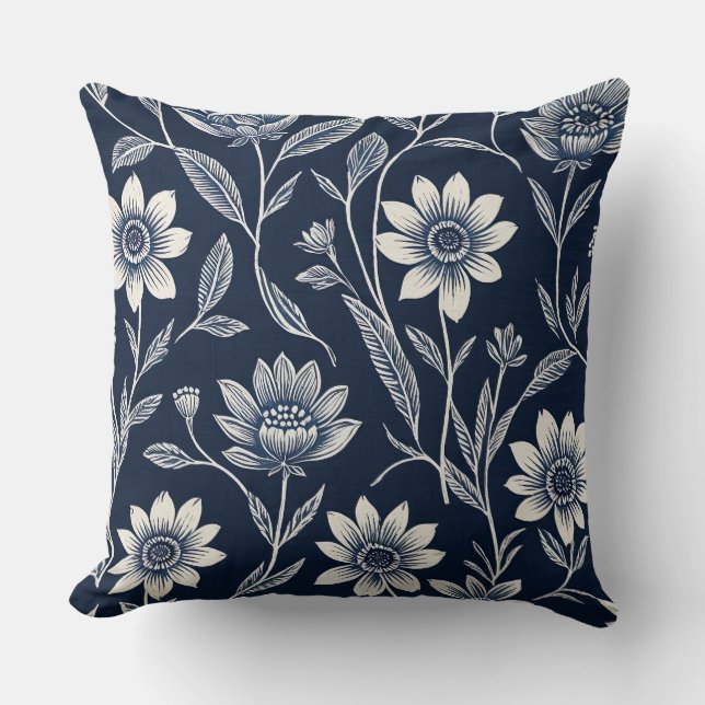 Blok print blauw en wit Whimsical floral Kussen (Voorkant)