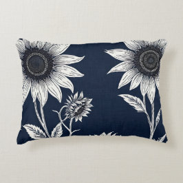 Blok print blauw en wit Zonnebloemen Accent Kussen