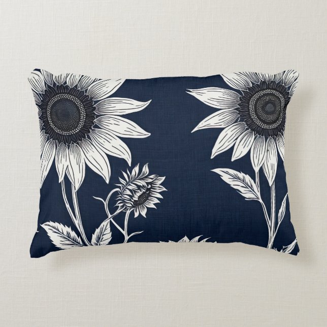 Blok print blauw en wit Zonnebloemen Accent Kussen (Voorkant)