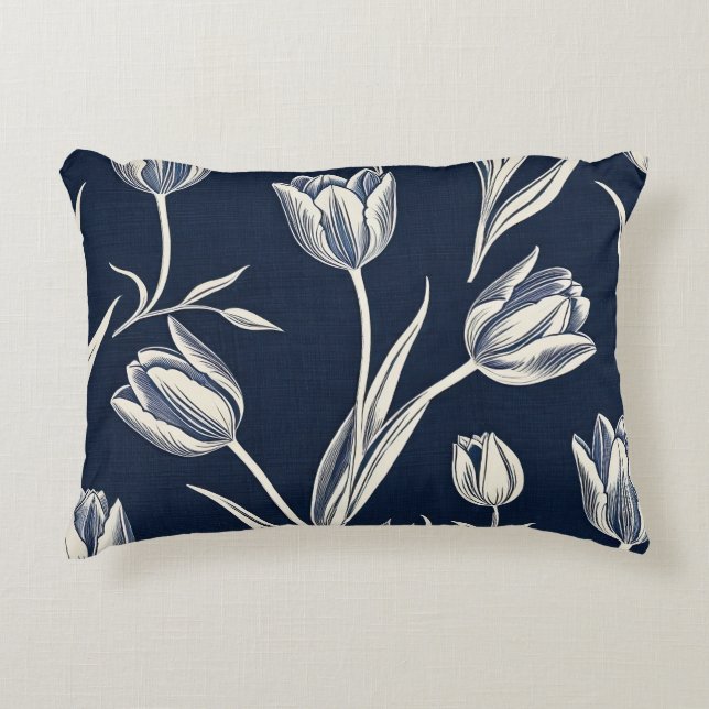 Blok print blauwe en witte tulpen accent kussen (Voorkant)