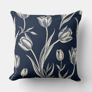 Blok print blauwe en witte tulpen kussen