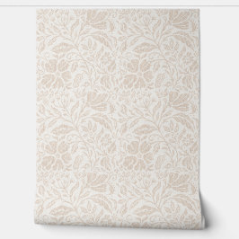 Blok print bloemenneutraal beige op wit behang