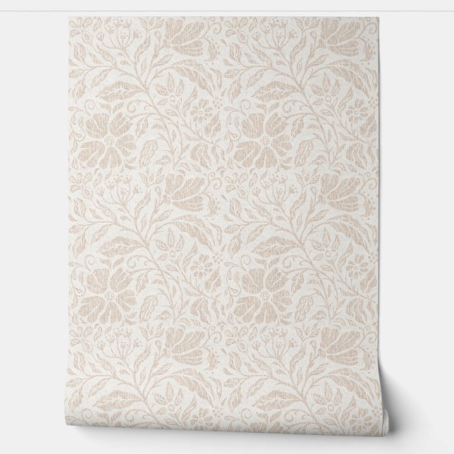 Blok print bloemenneutraal beige op wit behang (Afrollen)