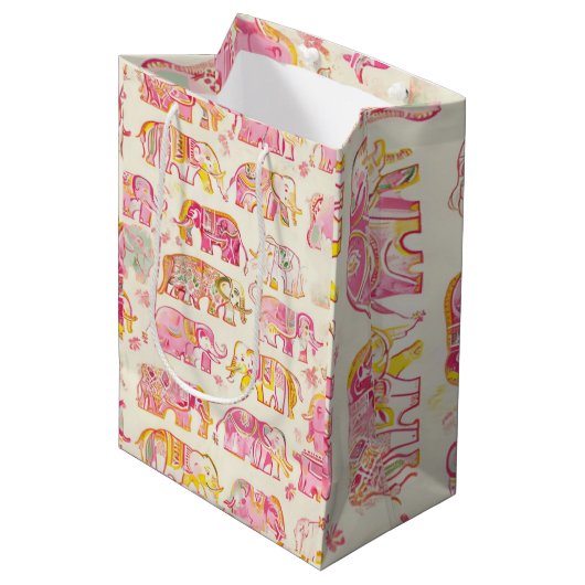 Blok Print Elephant Paper Gift Bag – Rustiek Neder Medium Cadeauzakje (Voorkant Gekanteld)