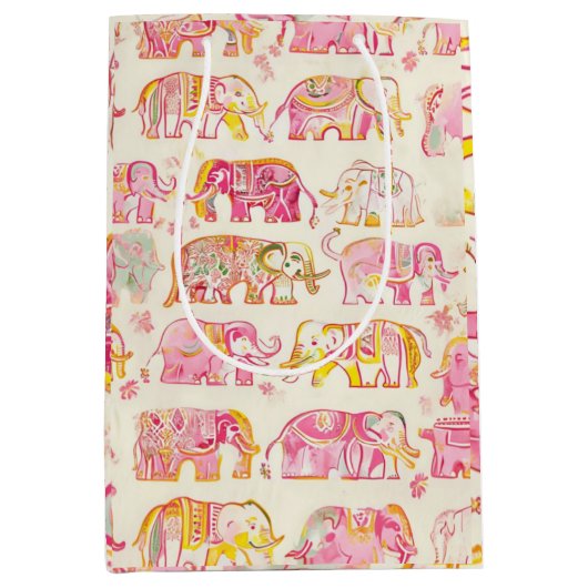 Blok Print Elephant Paper Gift Bag – Rustiek Neder Medium Cadeauzakje (Voorkant)