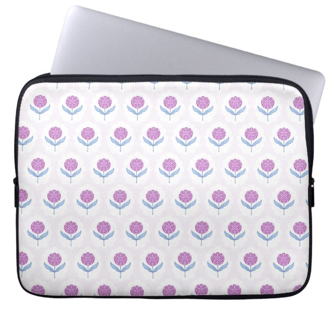 Blok print geïnspireerd, roze bloemenpatroon laptop sleeve (Voorkant)