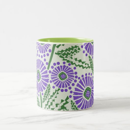 Blok Print Lavendel groen en wit bloemontwerp Tweekleurige Koffiemok (Center)