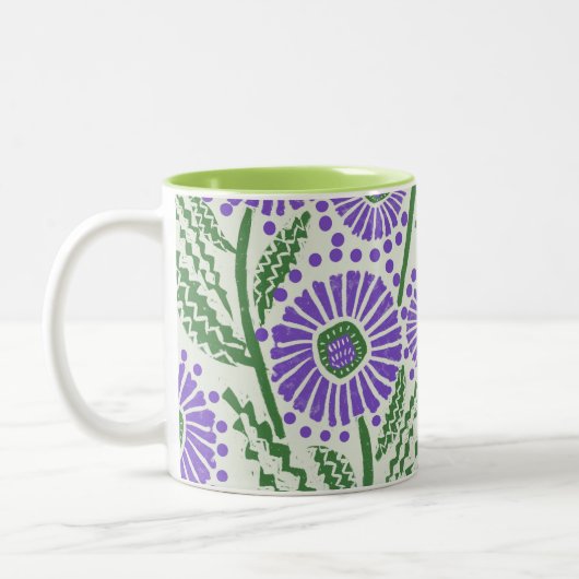 Blok Print Lavendel groen en wit bloemontwerp Tweekleurige Koffiemok (Links)