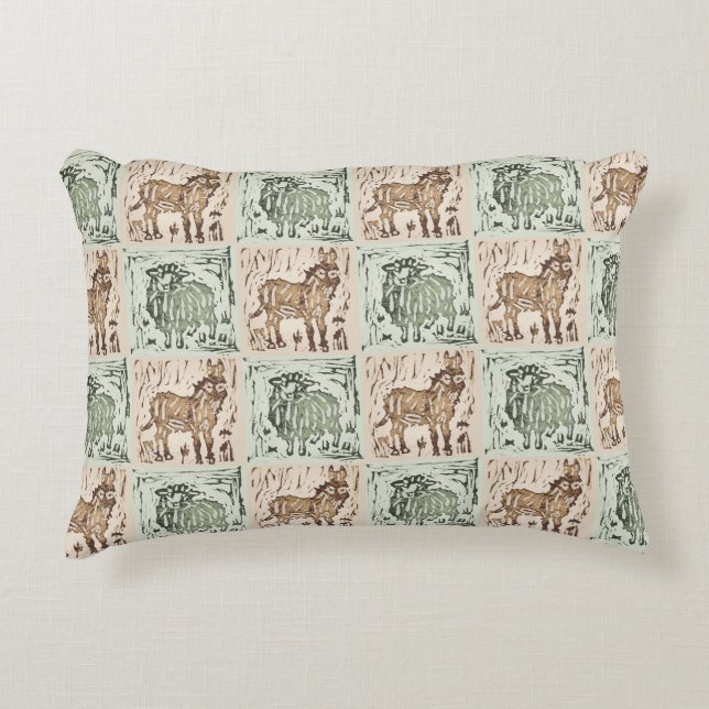 Blok Print Schaap Ezel Quilt - Groen Bruin Accent Kussen (Voorkant)
