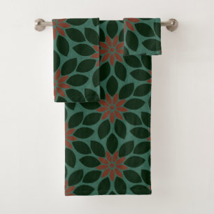 Blok Print Tegelbloemen donkergroen rood Bad Handdoek