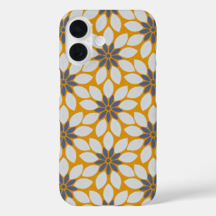 Blok Print Tegelbloemen zonnige gele achtergrond iPhone 16 Hoesje