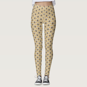 Blok Print Tegelbloemen zonnige gele achtergrond Leggings