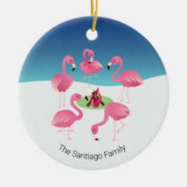 Blok rond de kampvuur roze flamingos Holiday Keramisch Ornament