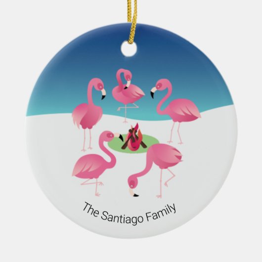 Blok rond de kampvuur roze flamingos Holiday Keramisch Ornament (Voorkant)