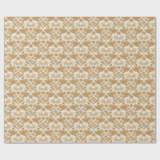 Blokdruk vogels met bloemen | Beige en gouden naad Cadeaupapier