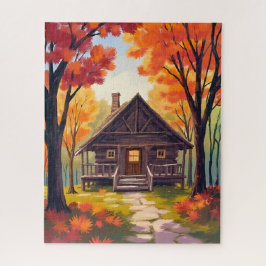 Blokhut | Waterverfschilderij van herfstloofbos Legpuzzel